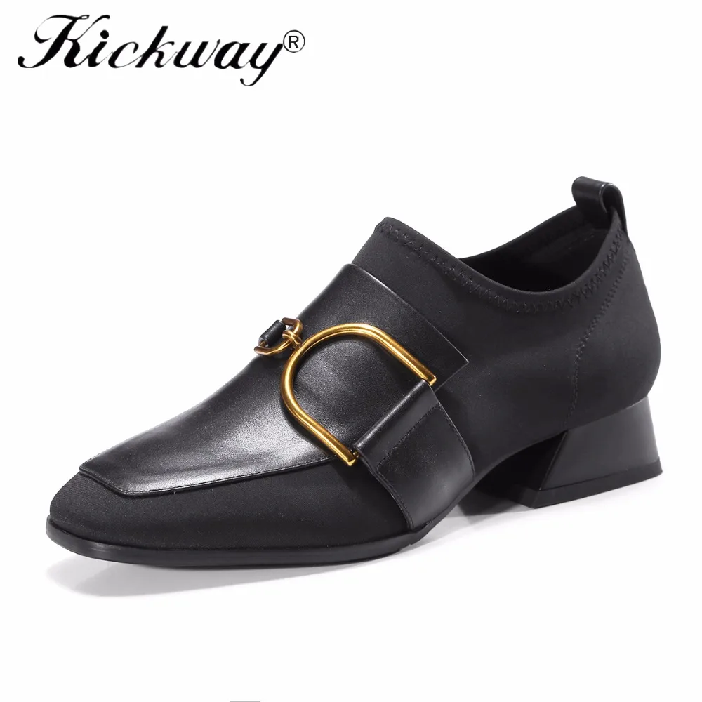 

Kickway Spring 2018 Women Shoes Genuine Leather Square Toe Casual Shoes Slip On Buckle Pigskin Woman Dress Shoes Larger Size 42