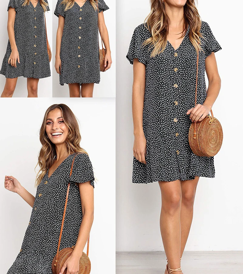 2019 summer women print dress short sleeve loose ruffle ladies short dress casual blue black women party mini dress (1)
