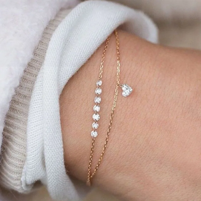 

Linnor Summer Nature Style Double Layer Heart Crystal Bracelet Bare Stone Zircon Simple Braclet for Women Jewelry