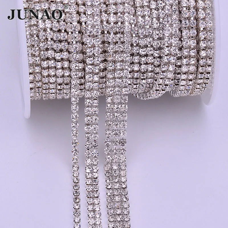 

JUNAO 1 2 3 Rows 1 Yard SS12 Clear Glass Rhinestones Cup Chain Sewing Metal Trim Silver Base Crystal Appliques for Jewelry Dress