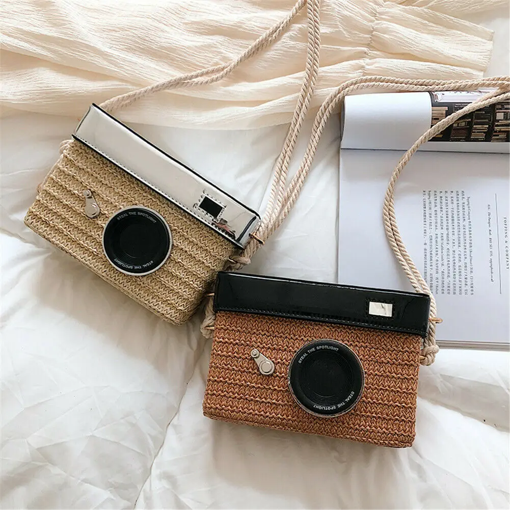 

2019 Newest Hot Woman Girl Mini Rattan Straw Weavin Square Bag Creative Camera Shape Handbag Beach Travel Messenger Shoulder Bag