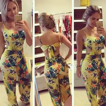 

Summer Women Sexy Jumpsuits Bowknot Flower Printed Backless Casual Strap Rompers BMF88