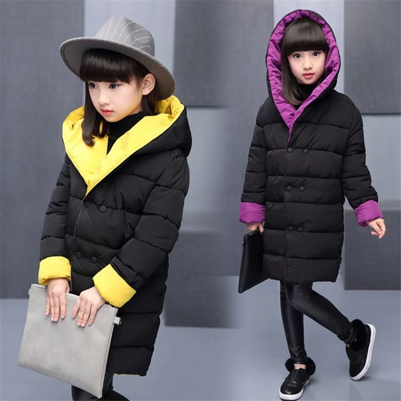 New Girls' cotton coats, long thick padded cotton suits, big boys and girls, wearing cotton jackets on both sides