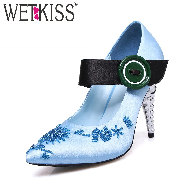 WETKISS High Heels Women Pumps Button Silk Strange Style Mary Jane String Bead Pointed Toe Footwear Vintage Party Ladies Shoes mary janes shoes woman genuine leather strange style women heels pumps pointed toe shoes string bead spring autumn women shoes