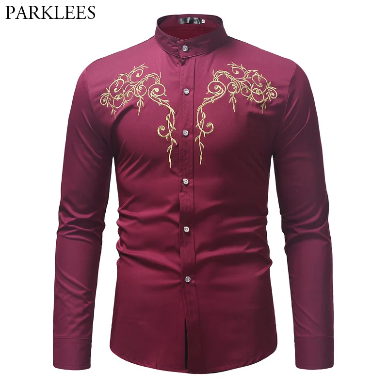 Stylish Embroidery Wine Red Dress Shirt Men 2018 Autumn New Slim Fit ...