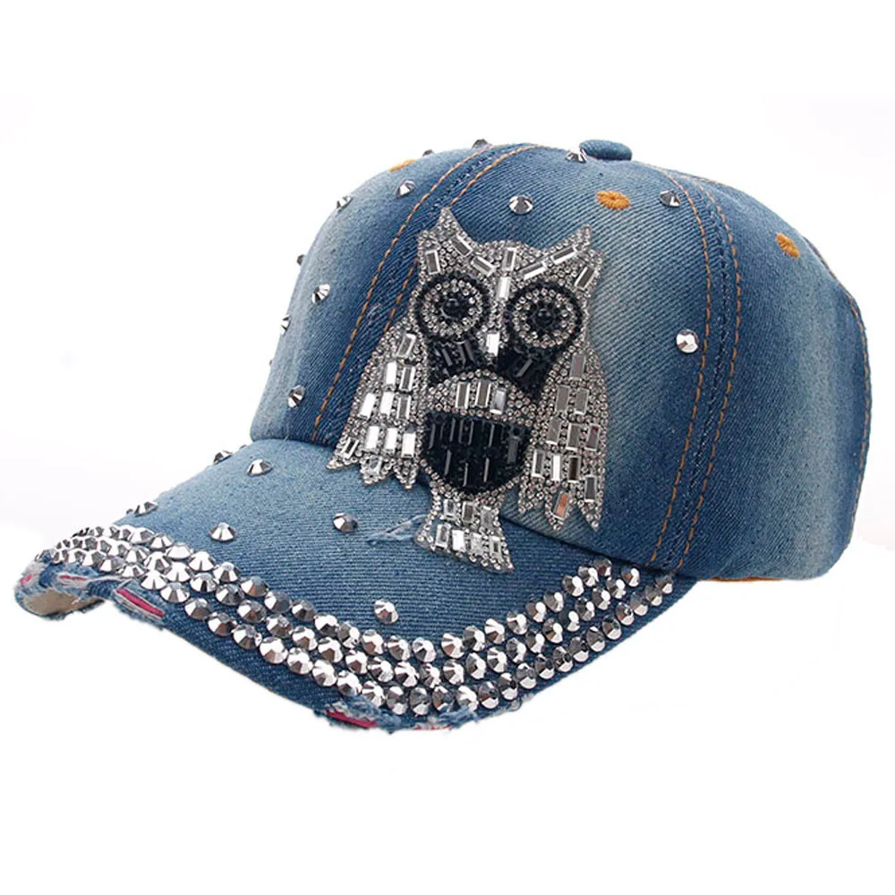 

2017 New Design More Funny Women Men Owl Denim Rhinestone Baseball Cap Snapback Hip Hop Flat Hat casquette de baseball gorro