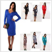 New 2015 Fashion Winter Dress Plus Size Women Clothing Casual Full Sleeve Knee-Length Deep V-Neck Sexy Club Sheath Party Vestido