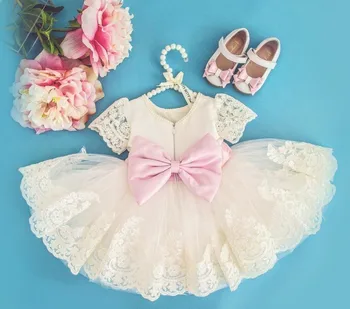 

Cute Lace knee-length beading flower girl dress with bow communion frocks kids baptism prom ball gowns for formal occasion
