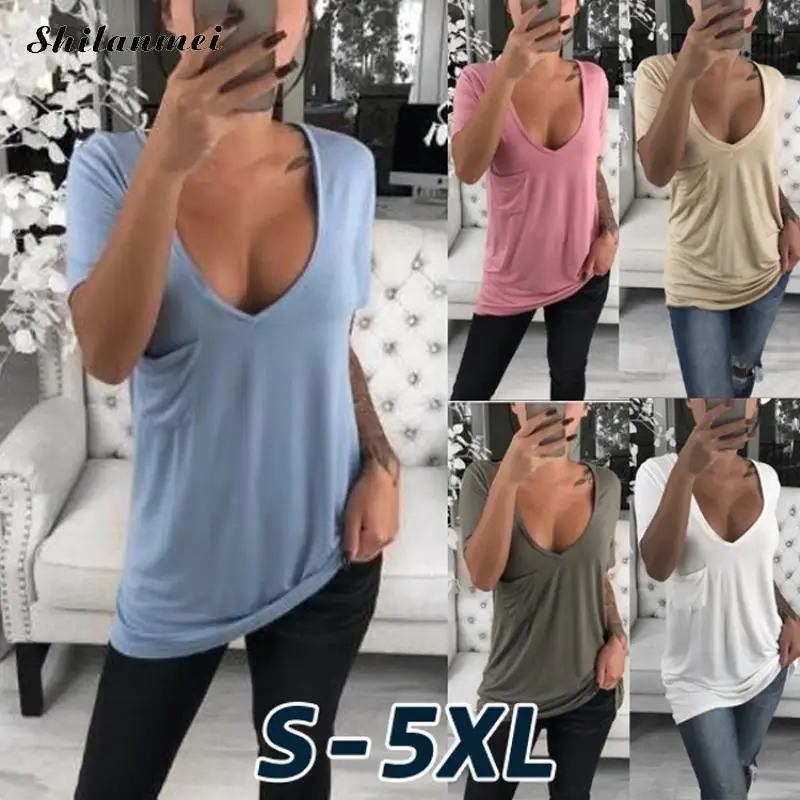 زائد حجم 5XL 4XL T قميص المرأة 2019 مثير عميق V الرقبة الصيف السببية T قميص فام قصيرة الأكمام الصلبة اللون فضفاضة الأساسية المحملة القمم