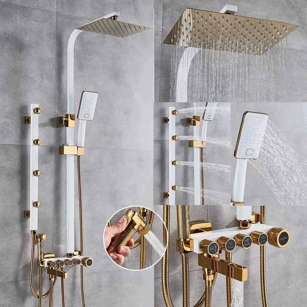 White with Gold Роскошное Белое золото смеситель для душа, на возраст от 5 до Функция переключатель настенное крепление для дождливой погоды Насадки для душа с ручным душем ванна носик биде - Цвет: White with Gold