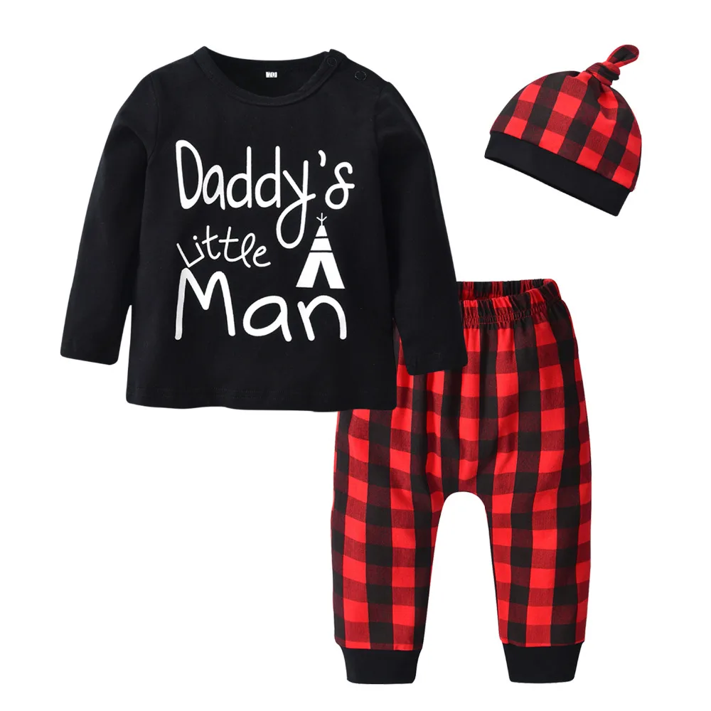 

3Pcs Newborn Baby Boys Clothes Set Letter Daddy's Little Man T-shirt Tops Casual Red Plaid Pants and Hat Infant Toddler Clothing