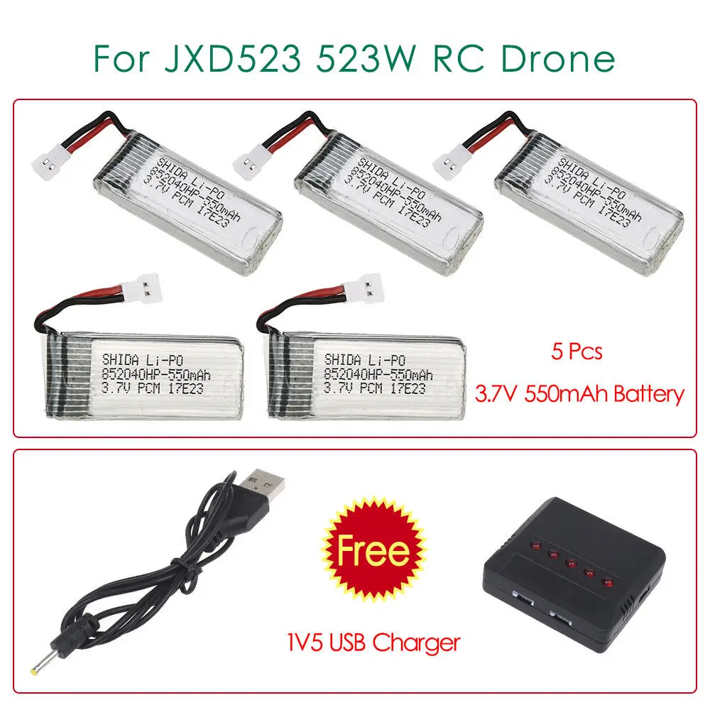 

TOMLOV 5 Pcs 3.7V 550mAh Rechargeable Battery Spare part+5in1 Charger FPV Accessories Replacement For JXD523 523W RC Drone