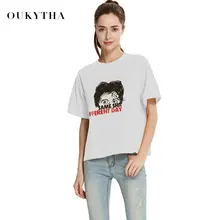 Oukytha/ г. летний Повседневный Топ с круглым вырезом и короткими рукавами для студенток, свободная универсальная одежда, модная футболка с принтом, DHZ172433