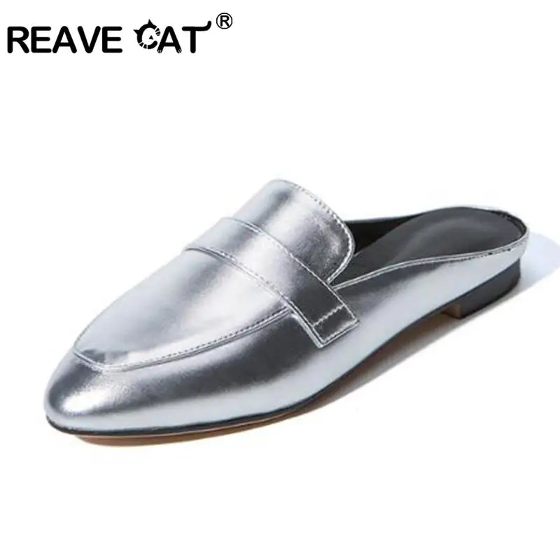 REAVE CAT/большие размеры 32-43; летние женские сандалии без задника с круглым носком; блестящие повседневные женские туфли на низком каблуке; ; US12