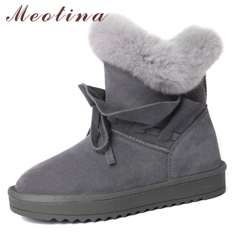 

Meotina Real Fur Snow Boots Women Cow Suede Bow Flat Ankle Boots Warm Wool Round Toe Short Shoes Female Winter Black Size 34-39