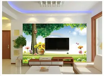 

Custom 3d wallpaper Green spring trees flowers rainbow TV setting wall paper