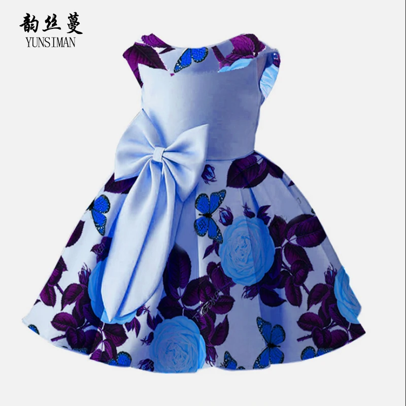 

Elegant Baby Girls Party Dress for 12 Months 2 4 5 6 7 8 9 Y Flower Print Sky Blue New Cotton Lining Knee Party Dress Kids 7C15A