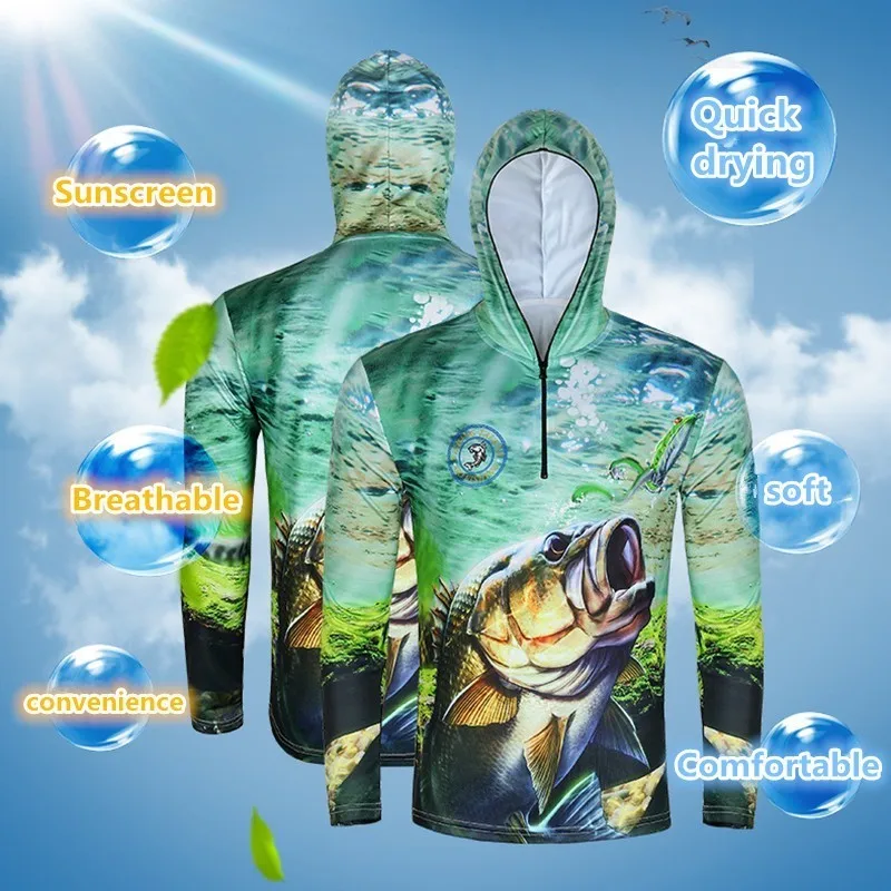 

Hooded Fishing Clothes Anti UV Quick Drying Soft Comfortable Breathable Long sleeve Clothing Men Shirt Fish Pattern Ropa Jacket