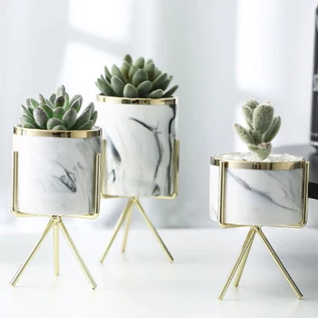 

Vase Tabletop Flower Pot Nordic Minimalism Style Marble Pattern Vase Ceramics Iron Art Decor Home Desktop Plant Bonsai Vase
