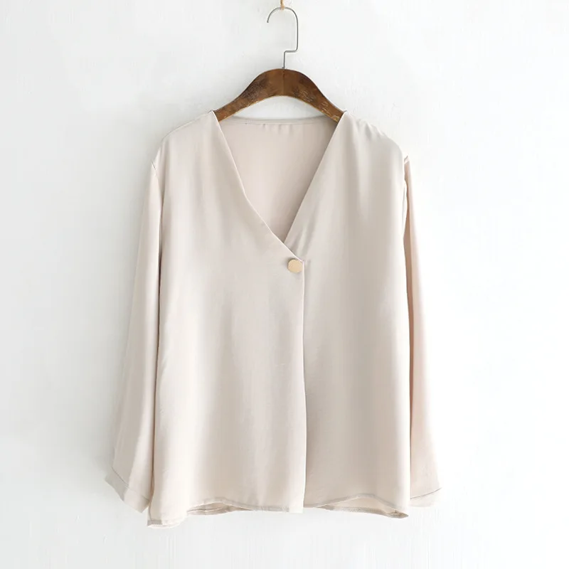 

Daily Apparel Female Autumn 2019 Fashion Casual Shirt Long Sleeve Top V Neck Simple One Button Apricot Blue Blouse for Women