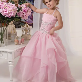 

20179 Cheap Pink Flower Girl Dresses A-line Spaghetti Backless Crystal Beaded Fluffy Tulle Long Girls Pageant Dress Custom Made