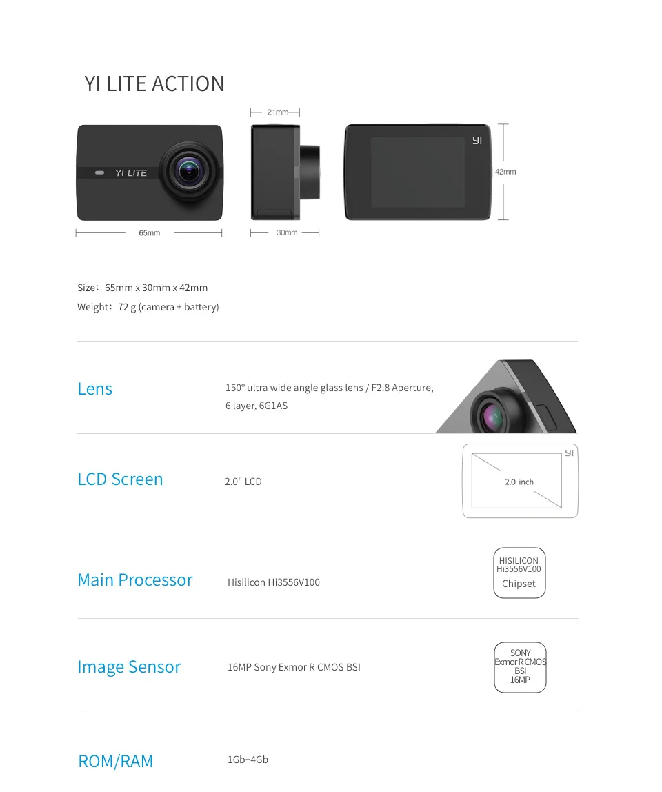 YI LITE ACTION CAMERA 16MP REAL 4K SPORTS ACTION CAMERA WITH BUILT IN WIFI 2 INCH 12