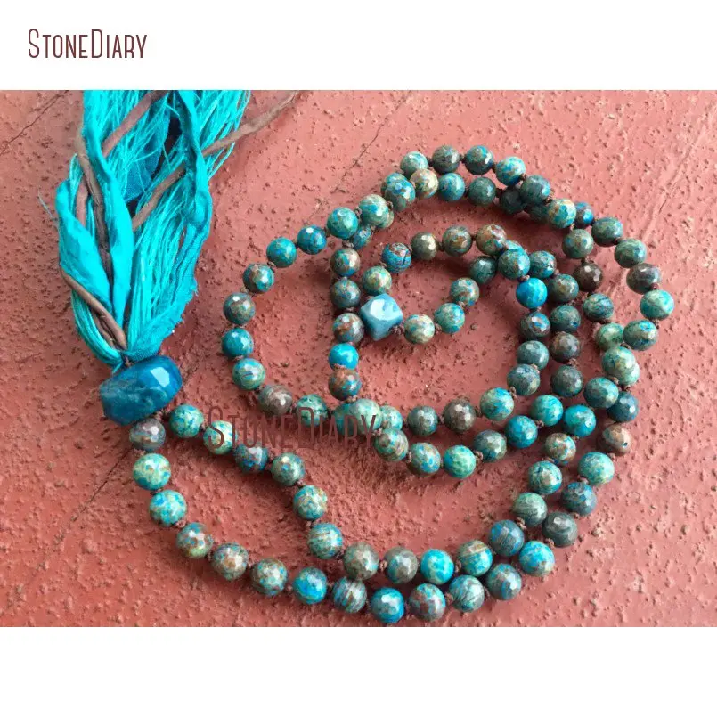 20180313-NM11103-Faceted Striated Jasper, Chrysocolla Mala Beads Protection Throat Chakra Yoga Jewelry Meditation Silk Sari Tassel Necklace_2