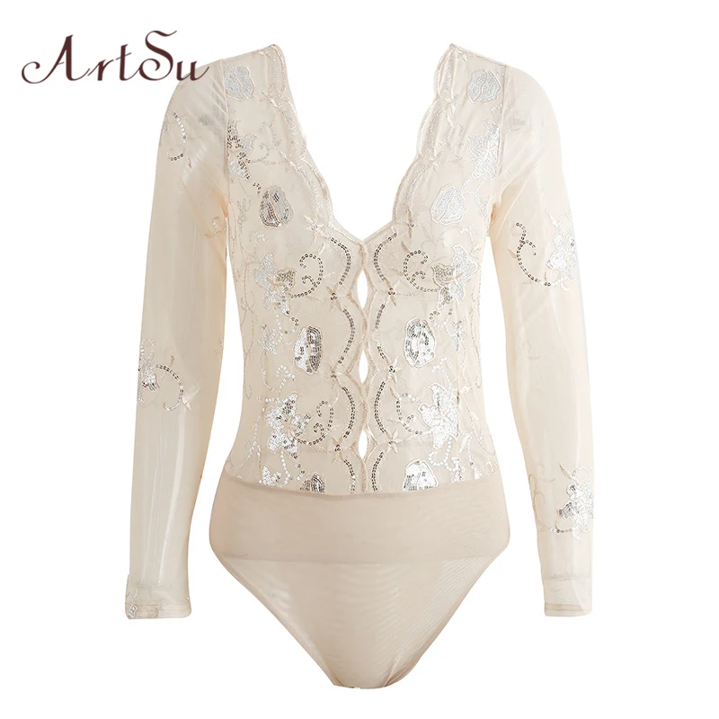 Buy ArtSu Sequin Mesh Bodysuit Women Long Sleeve
