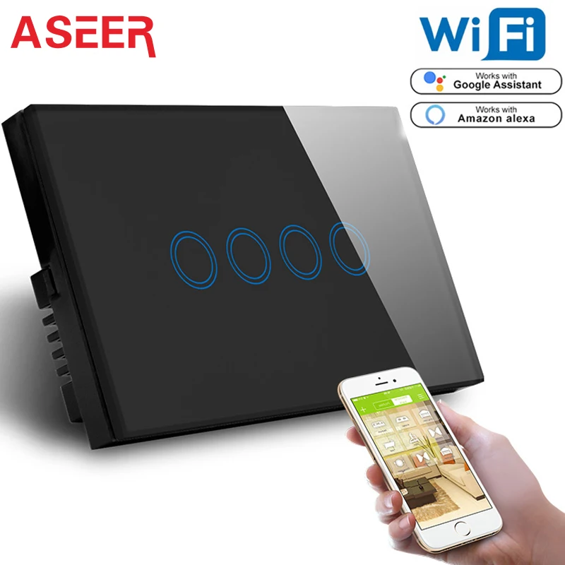 

ASEER Smart Life Tuya 4 Gang Wifi light switch,AU/US Wireless Intelligence Wall Switches compatible Alexa & Google Assistant