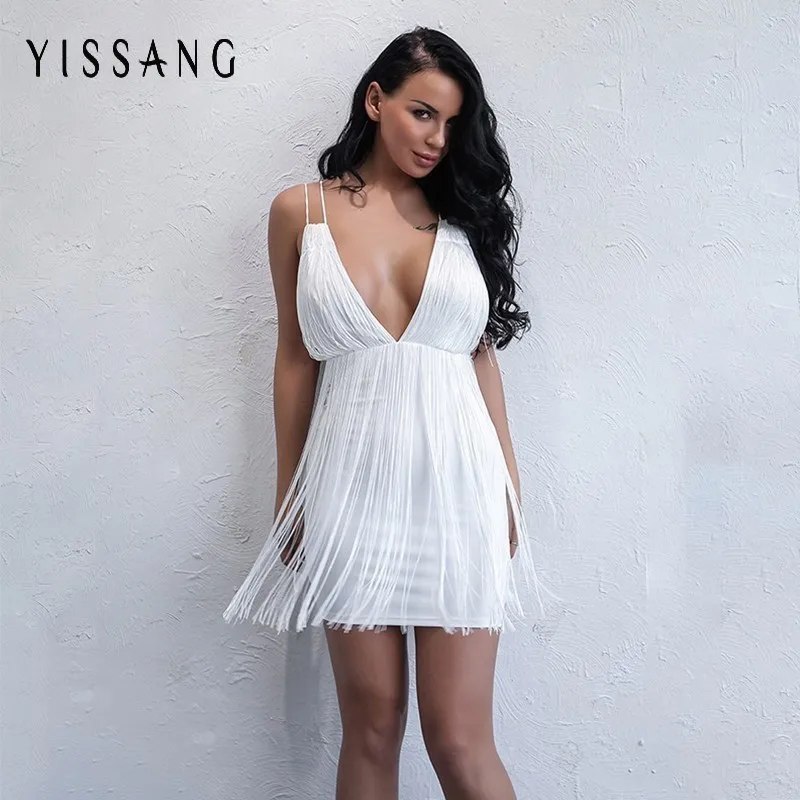 Женское платье с кисточками Yissang элегантное облегающее Клубное открытой спиной и