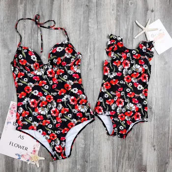 

PatPat Red Flower Print Halter Swimsuit Matching Family Clothing Swimwear Siamese Suit Bikini Mom and Me