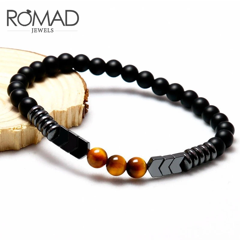 ROMAD Matte Onyx Stone Bracelet With Tiger Eye Combination Stitching Cubic Zircon Jewelry Beads Elastic Men R5 | Украшения и