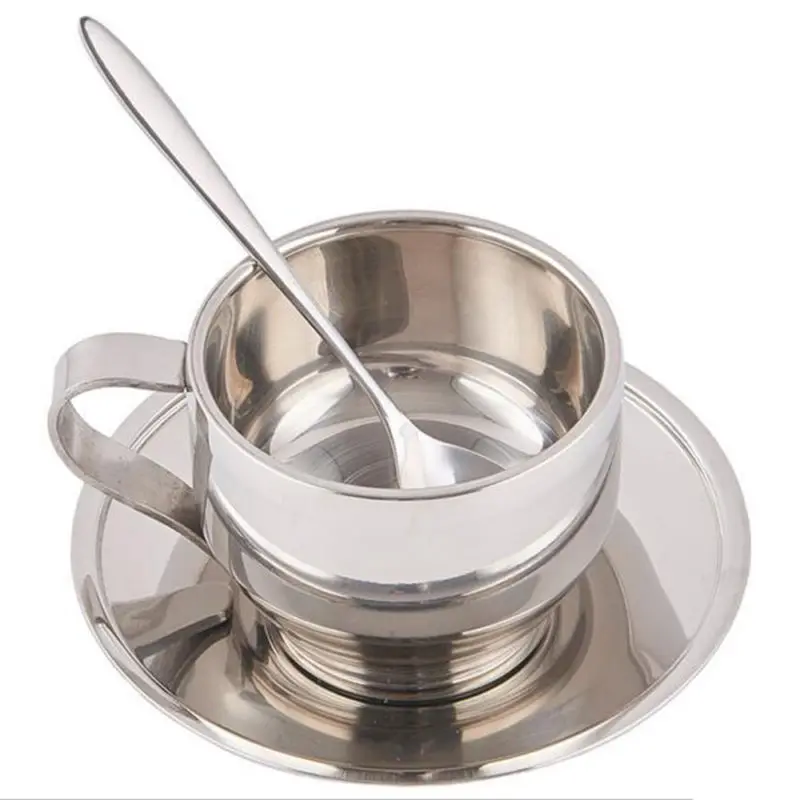 Insulated Stainless Steel Double Walled Coffee Tea Cup+Saucer+Spoonin