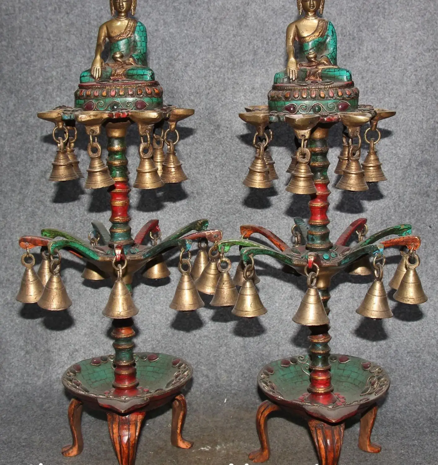 

20" Turquoise Coral Shakyamuni Buddha Candlestick Candle Holder Oil lamp Pair