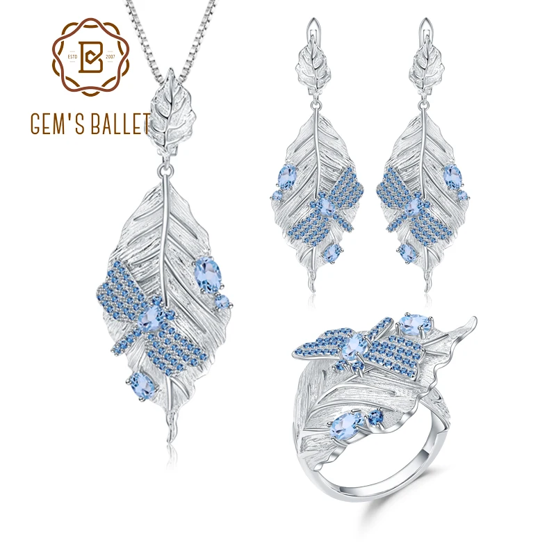 

GEM'S BALLET Natural Swiss Blue Topaz Ring Earrings Pendant 925 Sterling Silver Handmade Leaves Gemstone Jewelry Set For Women