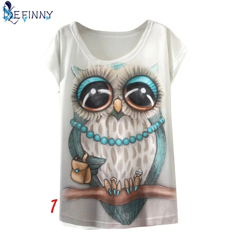 

EFINNY Fashion Spring Summer T Shirt Women Clothing Tops Animal Owl Print T-shirt Printed White Women Clothing