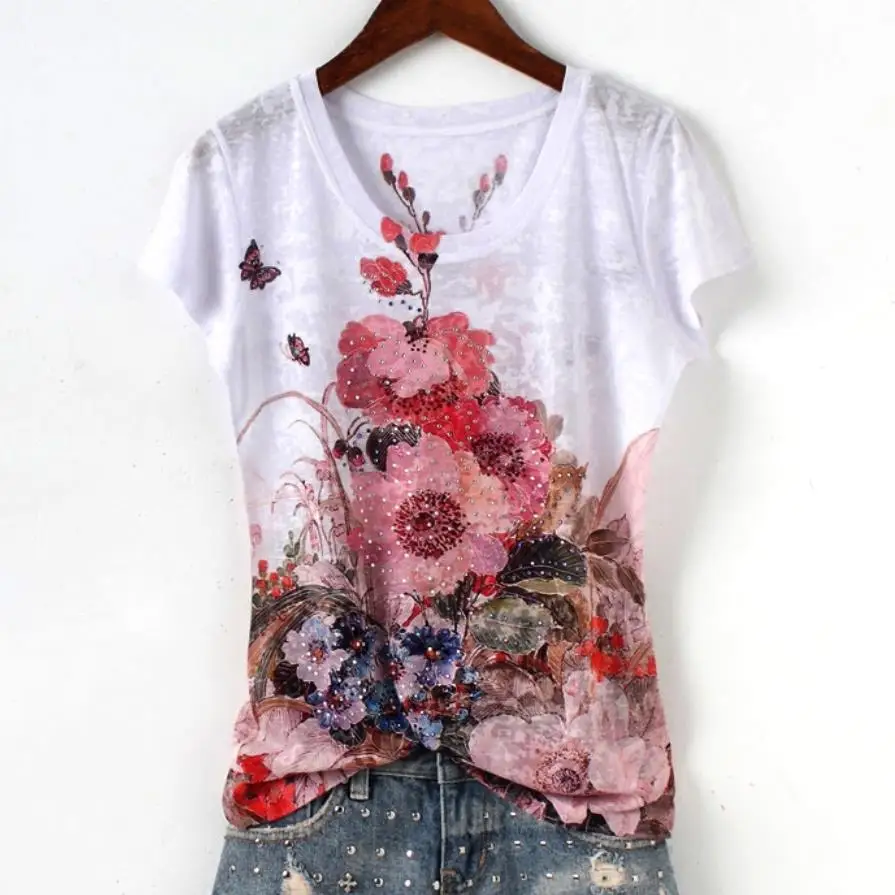 

plus size 5XL!2019 summer new fshion silk gouache peach bright diamond printed slim women short-sleeved T-shirt