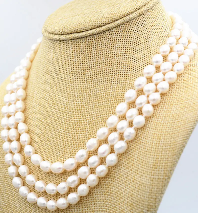 

FREE SHIPPING HOT sell new Style >>>>HOT 3row 8-9mm akoya Genuine natural white rice FW pearls necklace 18-20