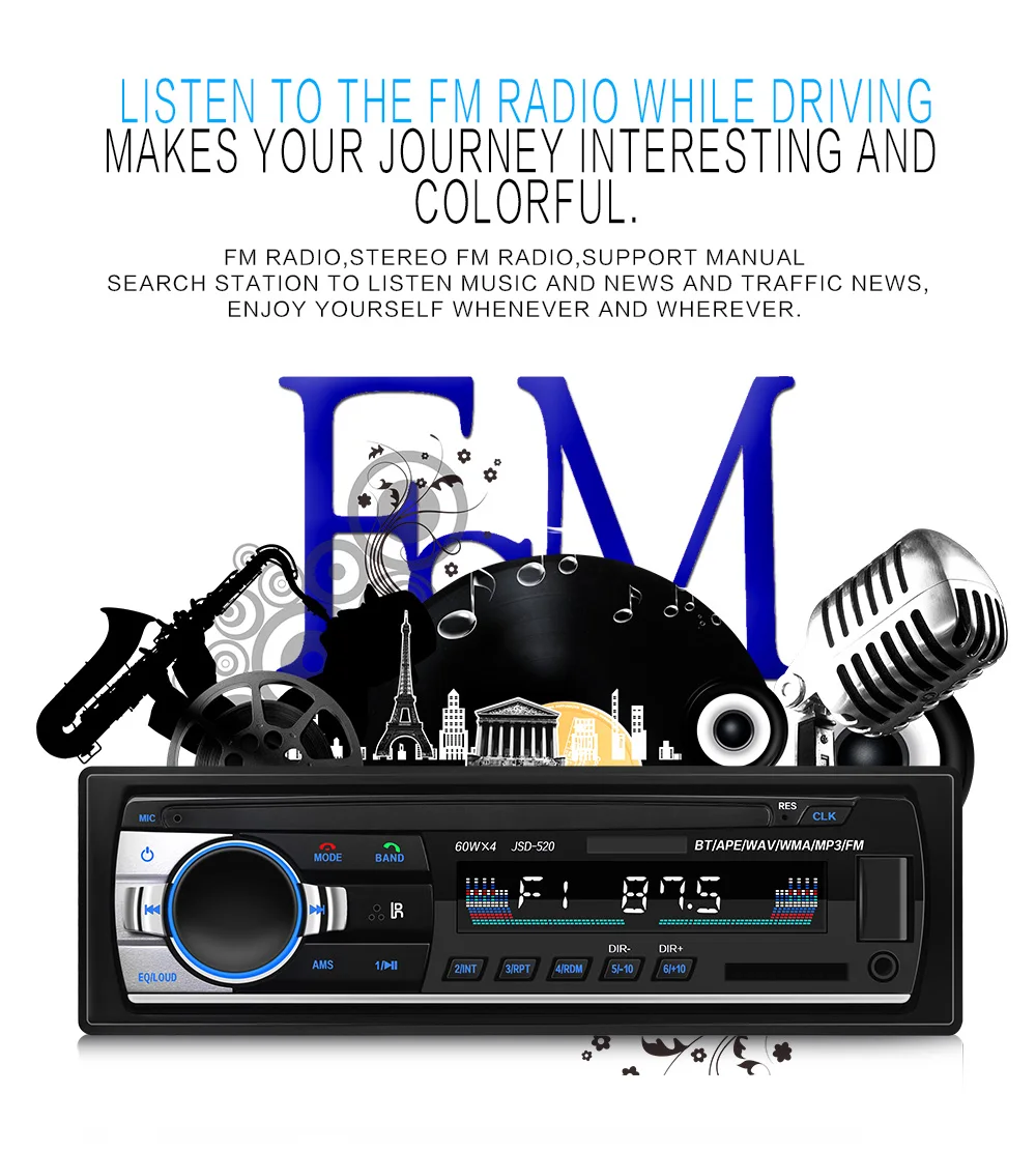 12 В JSD-520 Автомагнитола Bluetooth 1 din автомобильный стерео плеер AUX-IN MP3 FM Радио пульт дистанционного управления для телефона
