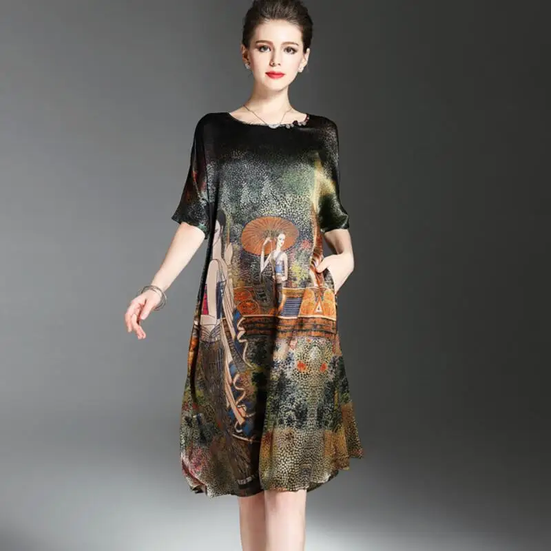 Vintage Ethnic Painting Design Dress Women Summer Half Sleeve Soft Silk Dresses Elegant Woman Brand Vestidos O-Neck Plus Size