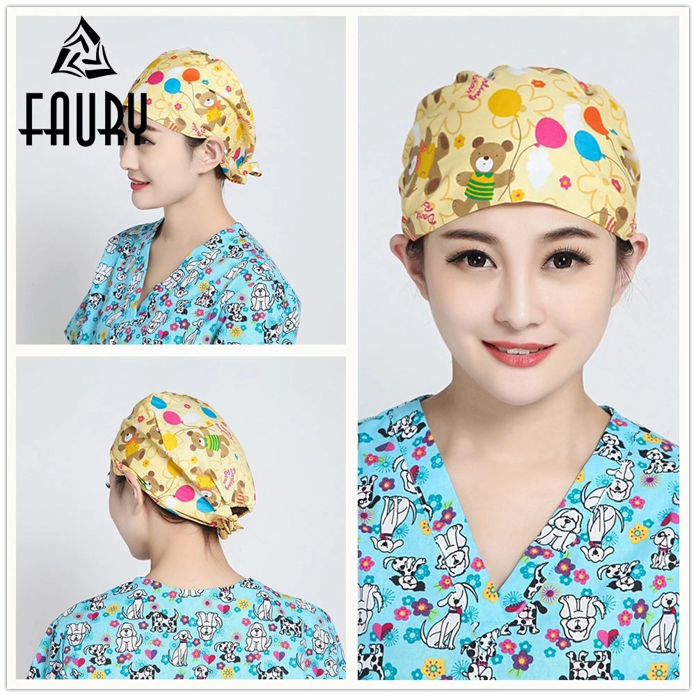 Unisex Cartoon Print Surgical Scrub Cap Adjustable Medical Caps