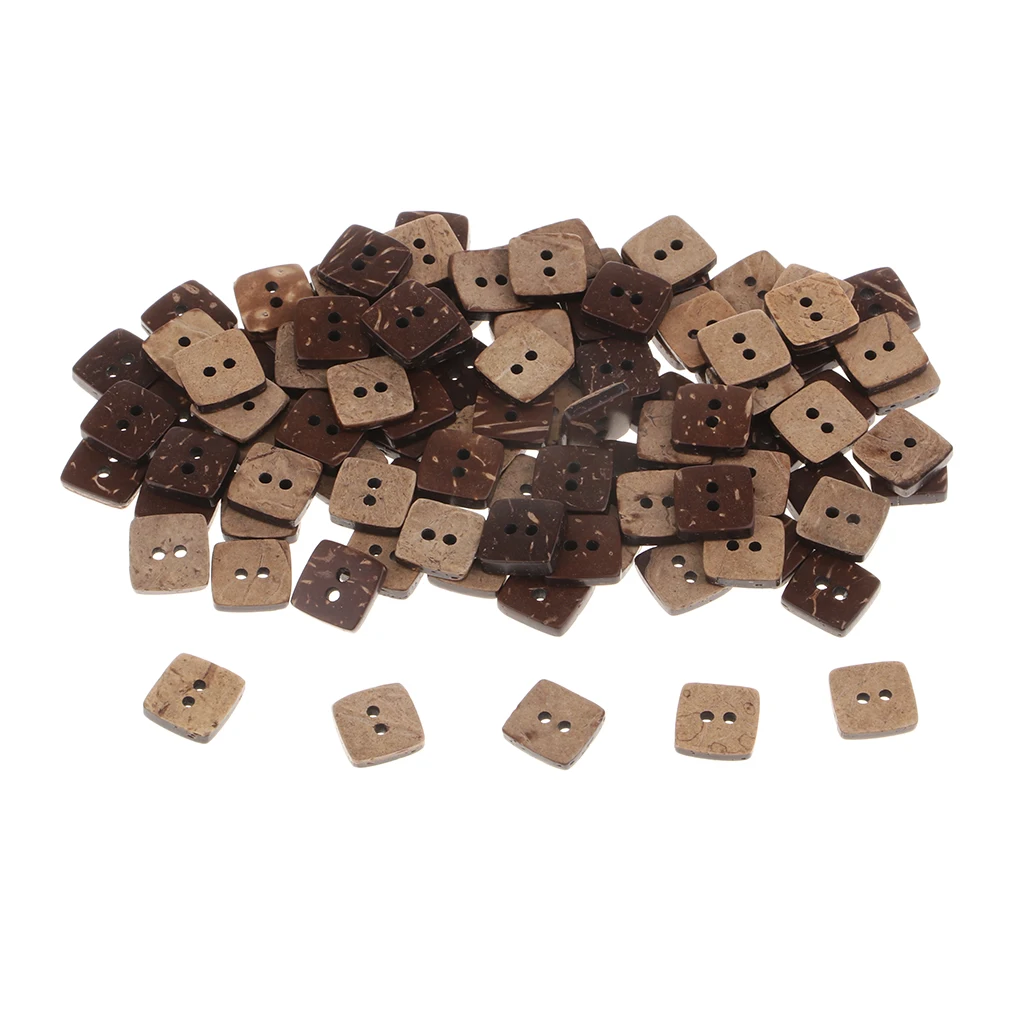 100pcs Square Shape Wooden Coconut Shell Buttons 2 Holes for DIY Sewing Craft