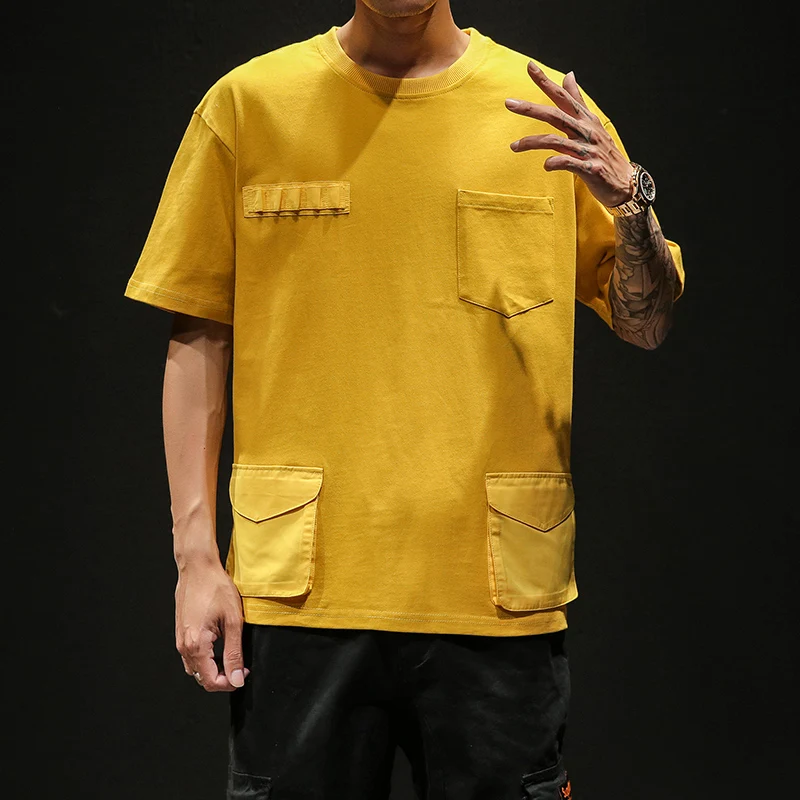 

2019 Summer T-Shirts Men Solid Short Sleeve TShirt Men Multi Pocket Tee Shirt Men's Fashion Loose Round Neck Hip Hop T Shirt Men