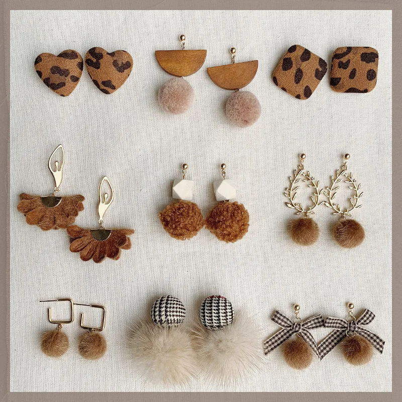 

New Vintage Geometric Round Square Heart Fabrics Leopard Grain Hair Ball Drop Earring For Women Fashion Exquisite Dangle Earring