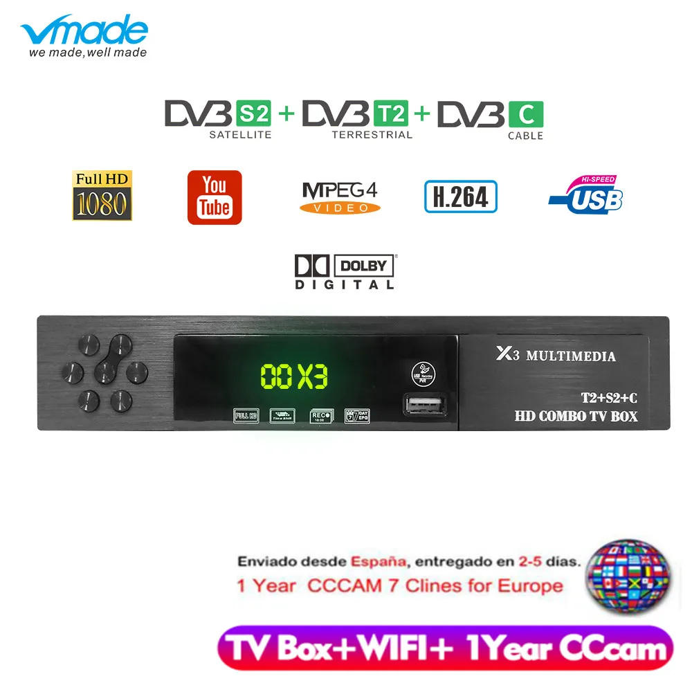 

Vmade HD Digital DVB T2 S2 DVB-C TV Box Support Dolby AC3 H.264 HD 1080p DVB T2 S2 TV Tuner+USB WIFI+1 Year Europe CCCAM Server