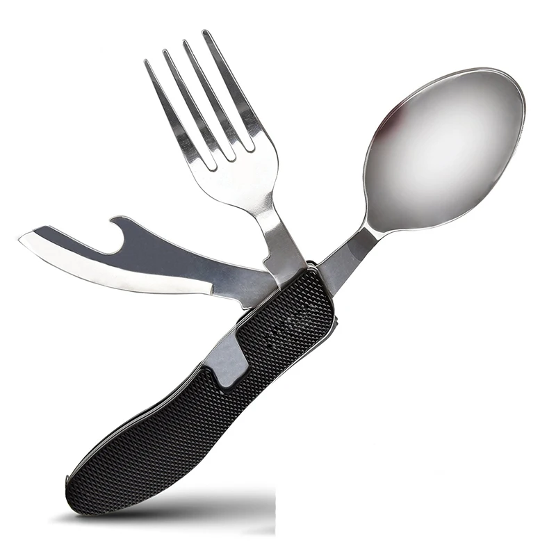 Multifunción Picnic vajilla de acero inoxidable portátil al aire libre Camping 4 en 1 cuchara plegable cuchillo de tenedor y abrebotellas comedor conjunto