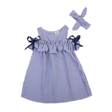 Летнее платье для маленьких девочек одежда для малышей Полосатое платье с открытыми плечами и бантом+ повязка на голову, детские костюмы, новинка года