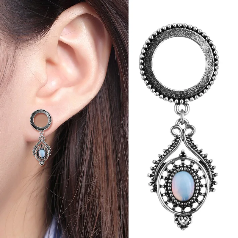 3D opal dangle design ear gauges screwed flesh tunnel surgical steel