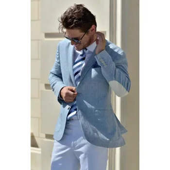 

Latest Designs Blue Linen Groom Tuxedo Beach Wedding men suits 2 Piece Casual Elbow Patched Blazer Groomsman Best Men Suit Terno