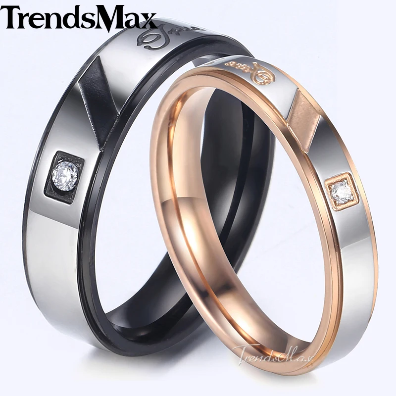 Trendsmax Couples Rings Rose Gold Black Silver Tone Stainless Steel Wedding Band Paved CZ Engagement Jewelry For Women KKRM37